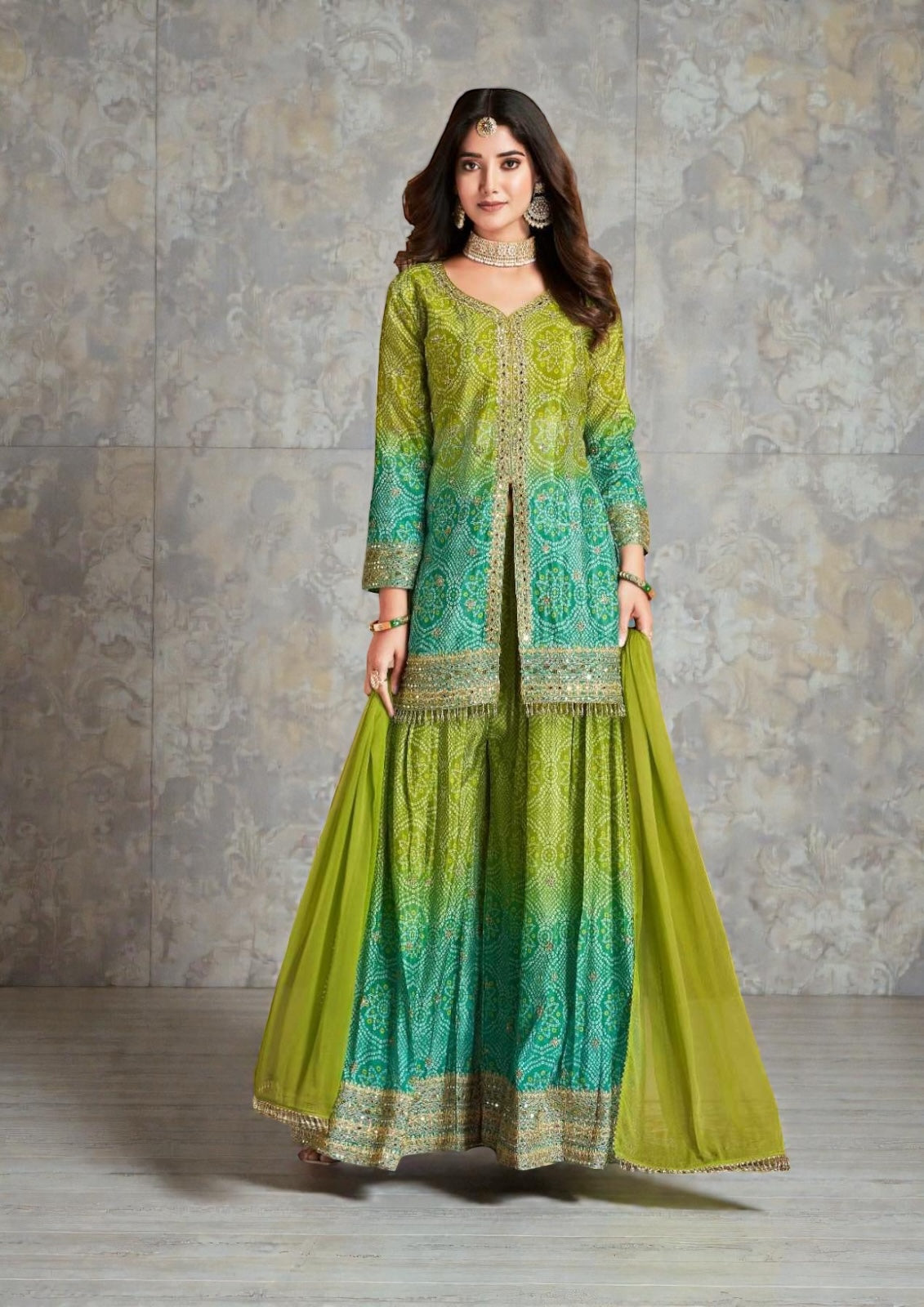 Rangeela : Bandhani silk sharara suits by Kurti Connection USA