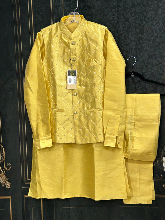 Cotton silk kurta set with jacket