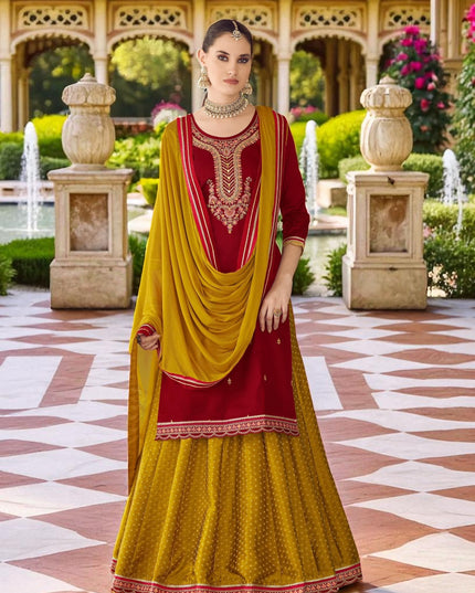 Maroon : Modal silk Kurti with banarasi skirt