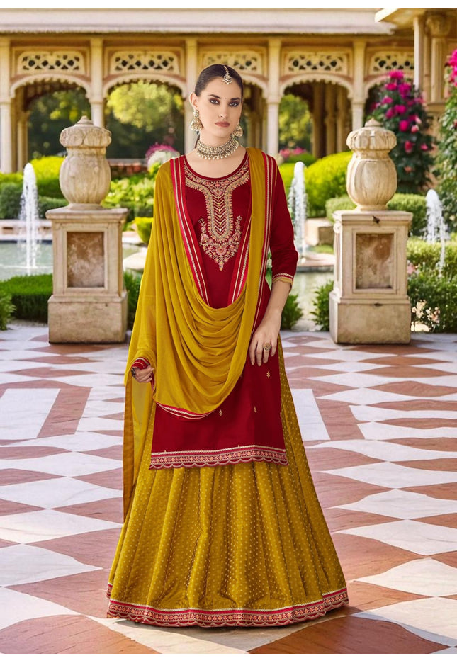 Maroon : Modal silk Kurti with banarasi skirt
