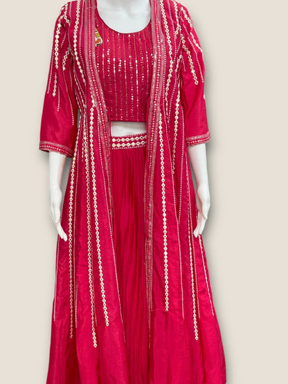 Dark pink Lehenga Choli set with long jacket