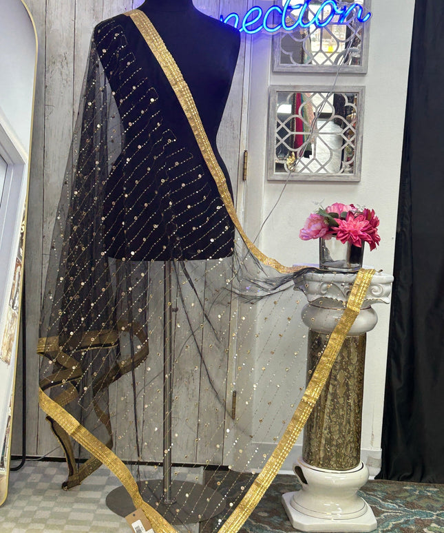 Black foil mirror work dupatta by Kurti Connection USA