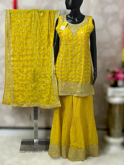 Yellow chiffon sharara suit