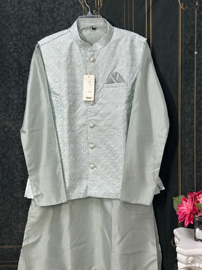 Light grey silk kurta set with jacket