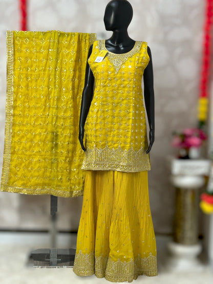 Yellow chiffon sharara suit