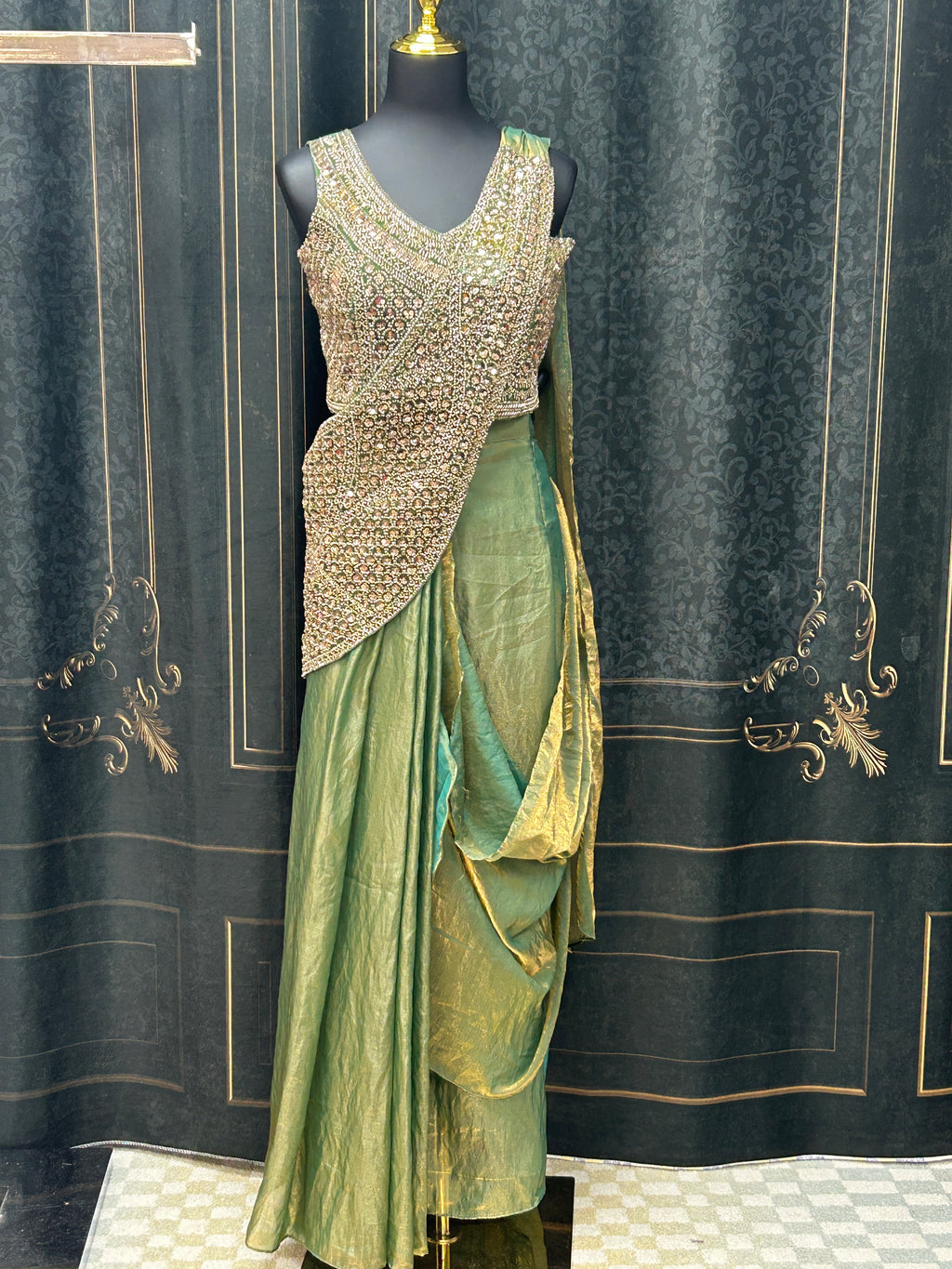 Readymade saree : pre pleated tissue silk saree