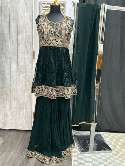 Chiffon sharara suit : dark green
