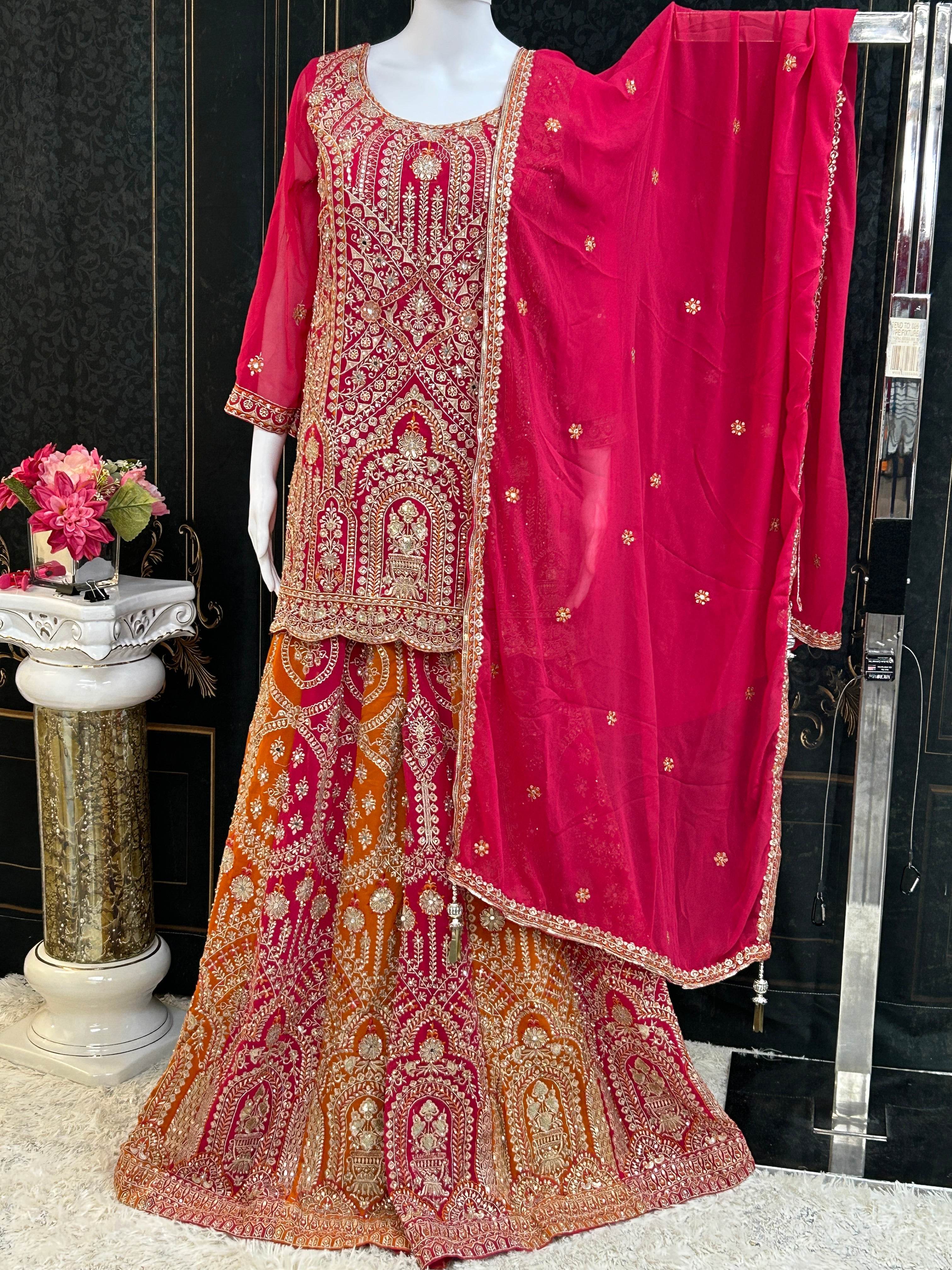 Dark pink sharara suit with heavy work - Kurti Connection USA