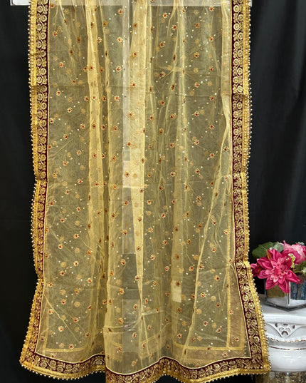 Golden dupatta with maroon velvet border