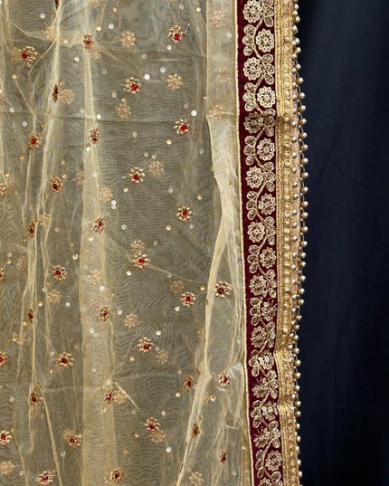 Golden dupatta with maroon velvet border