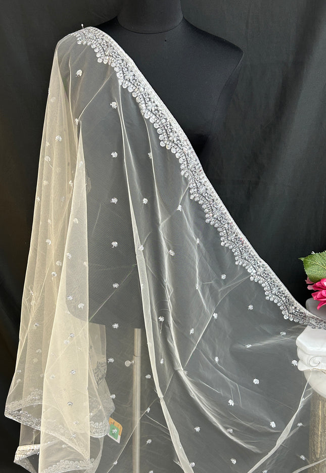 Off white net dupatta with silver sequin border