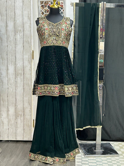 Chiffon sharara suit : dark green