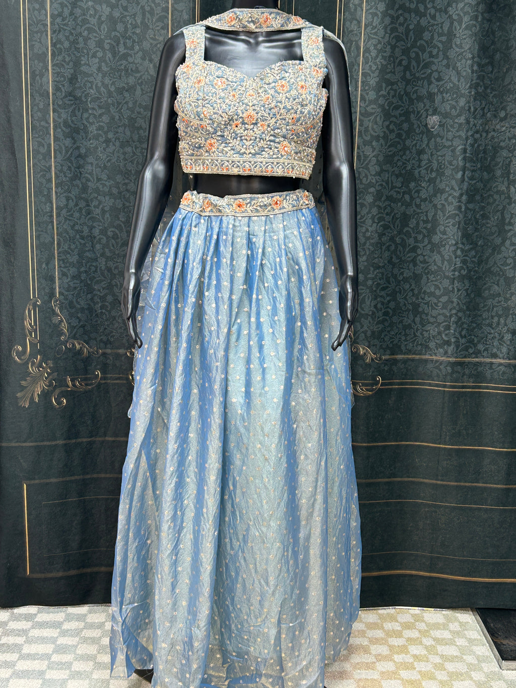 Pastel blue: Tissue silk lehenga Choli set