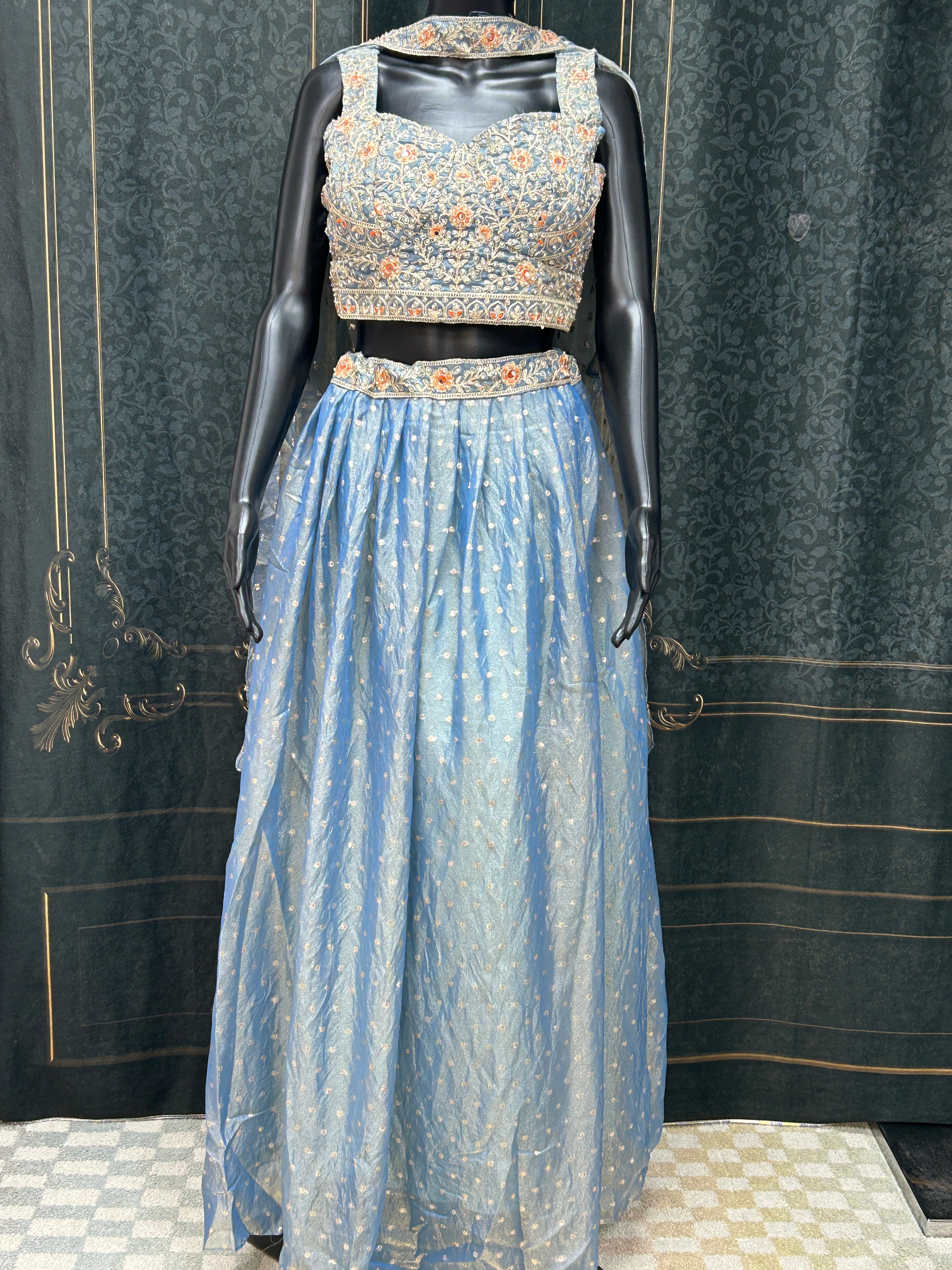 Pastel blue: Tissue silk lehenga Choli set