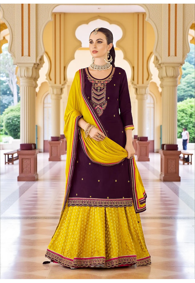 Purple : Modal silk Kurti with banarasi skirt