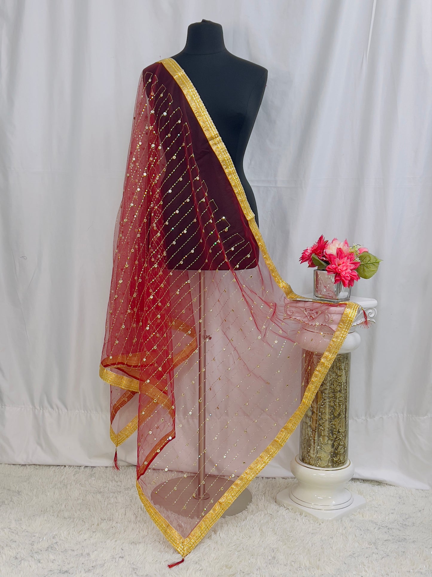 Dark Maroon Net Dupatta