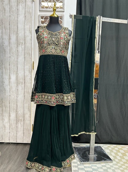 Chiffon sharara suit : dark green