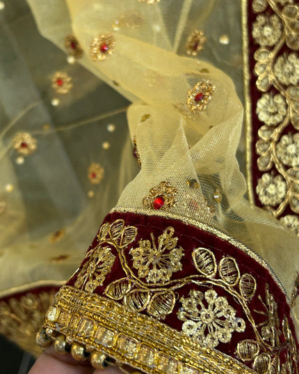 Golden dupatta with maroon velvet border