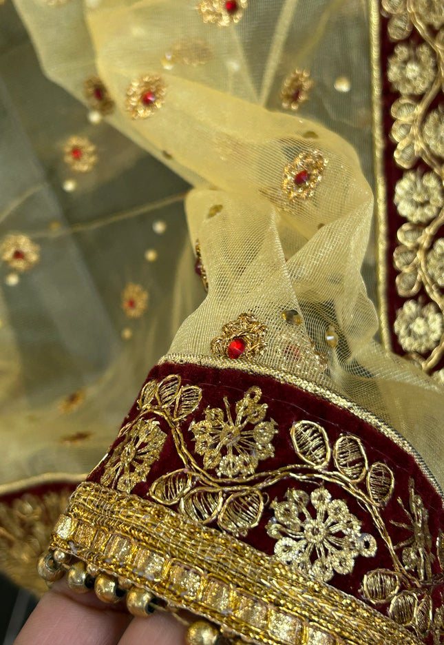 Golden dupatta with maroon velvet border