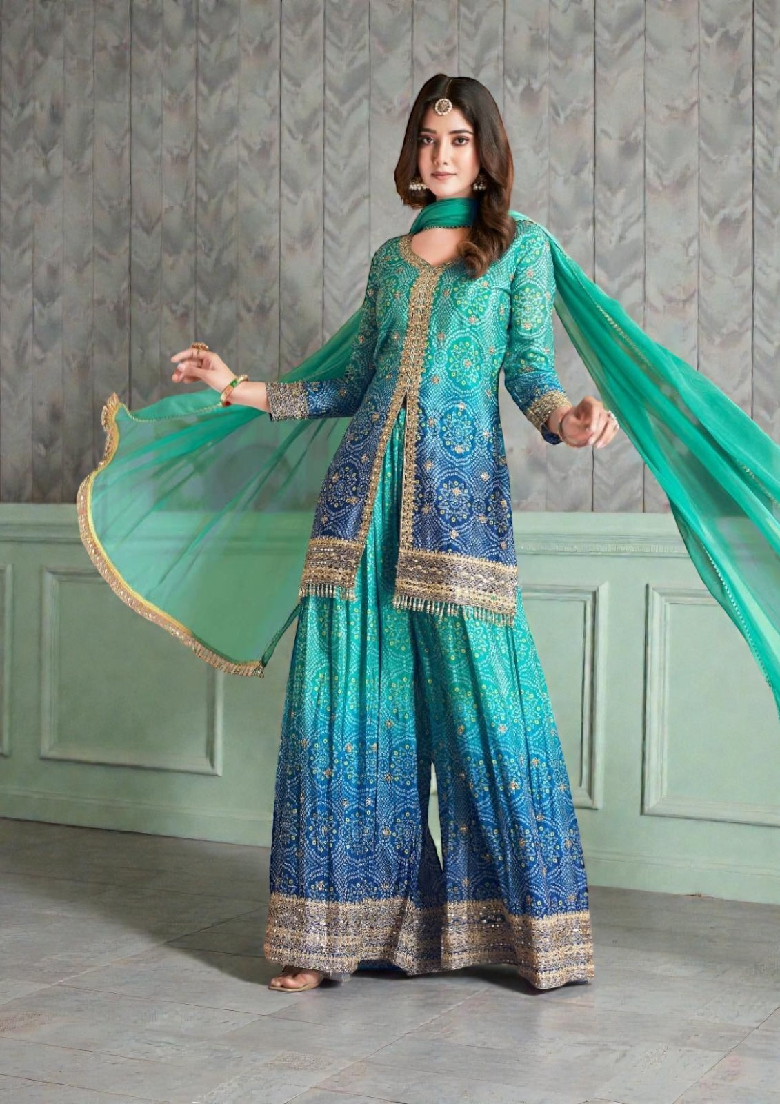 Rangeela : Bandhani silk sharara suits by Kurti Connection USA