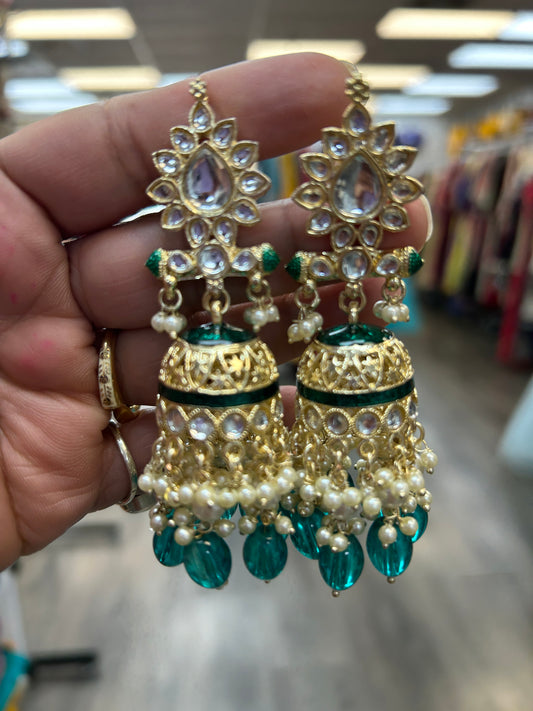 Meenakari Kundan earrings: Rama green