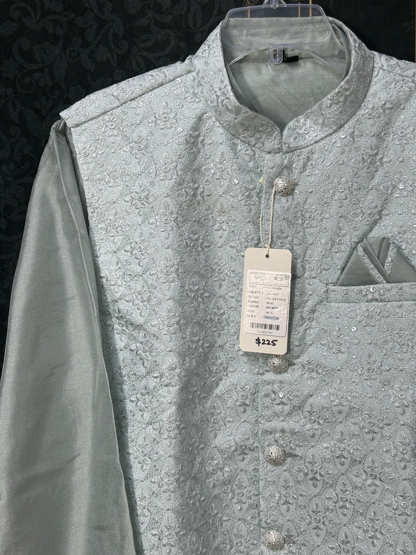 Light grey silk kurta set with jacket