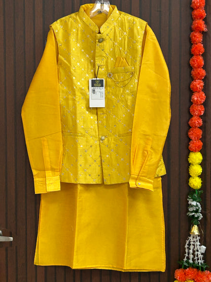 Yellow silk kurta set with jacket
