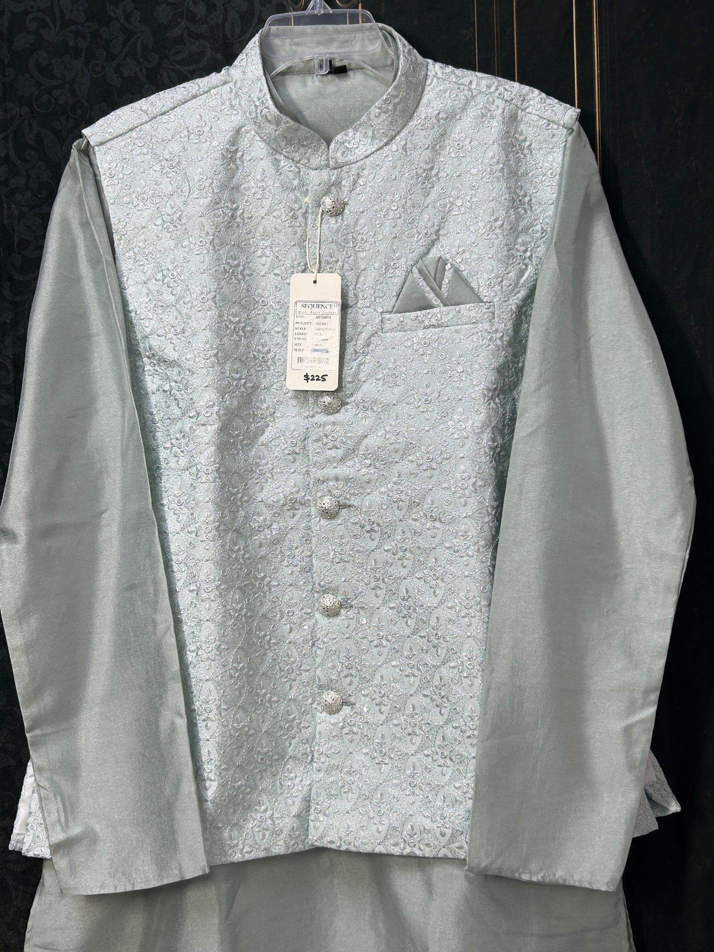 Light grey silk kurta set with jacket
