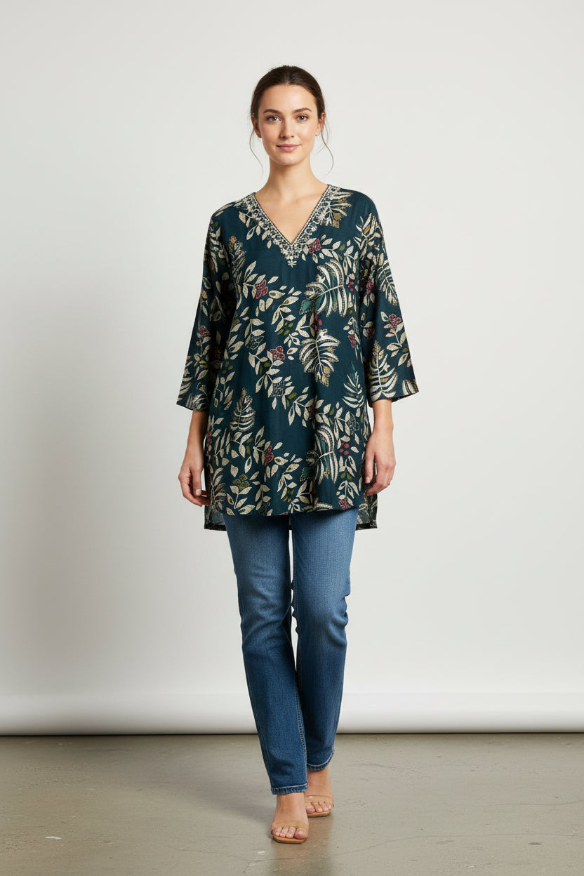 Tunic top with mirror work neckline