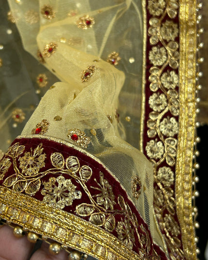 Golden dupatta with maroon velvet border