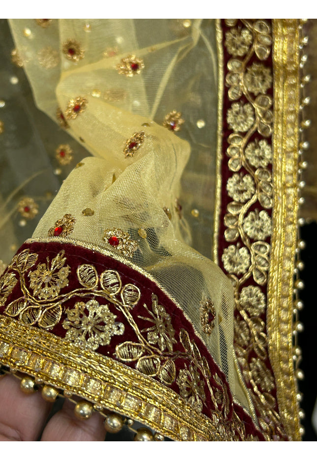 Golden dupatta with maroon velvet border