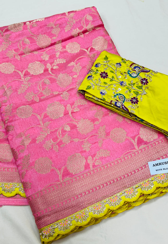 Silk saree with designer blouse piece - Kurti Connection USA