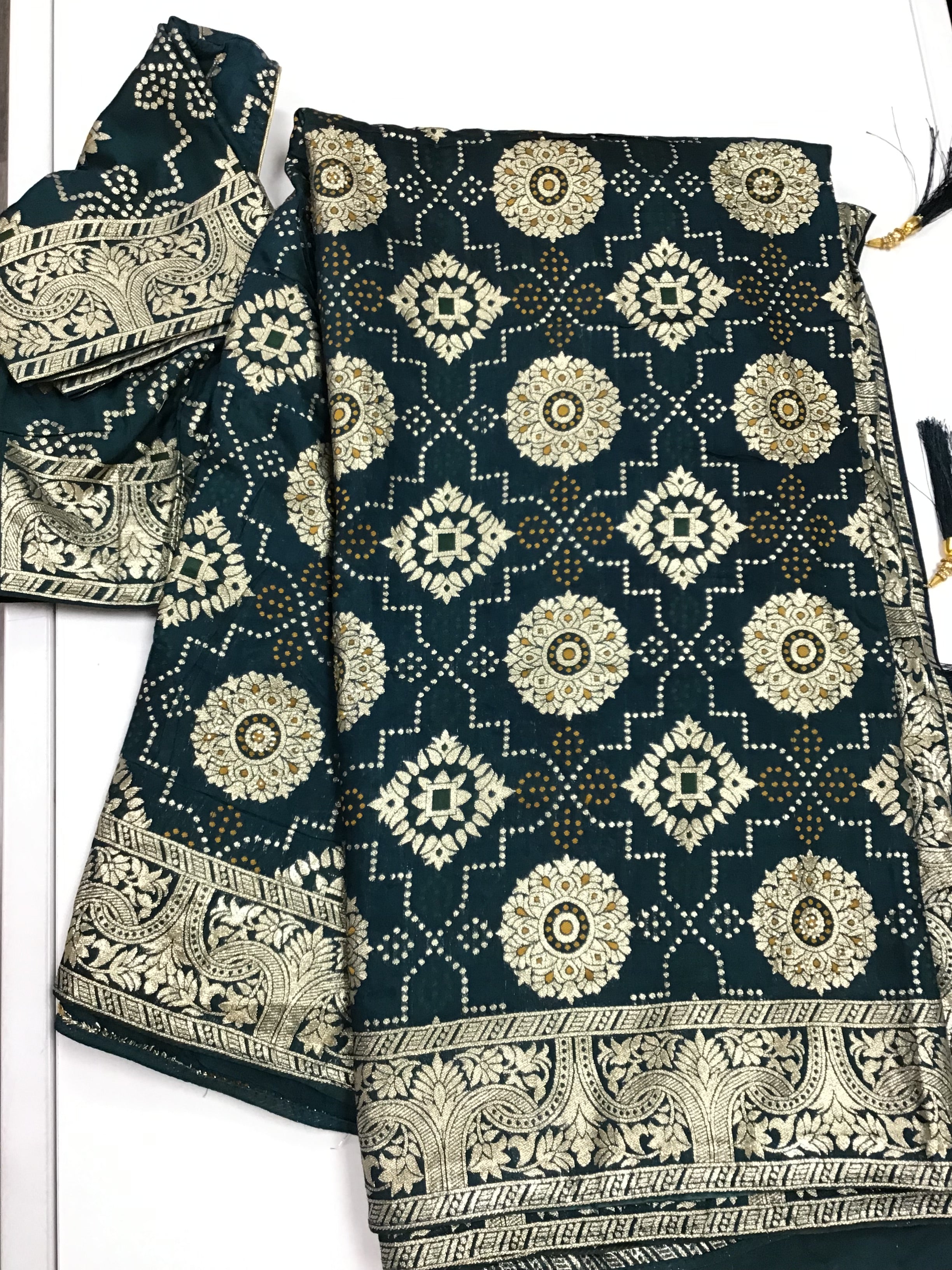 Teal blue Bandhani saree