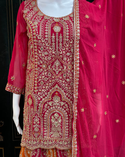Dark pink sharara suit with heavy work - Kurti Connection USA