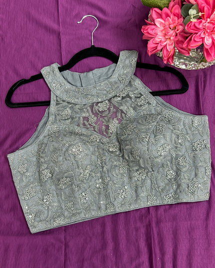 Grey : Halter neck embroidered blouse - Kurti Connection USA