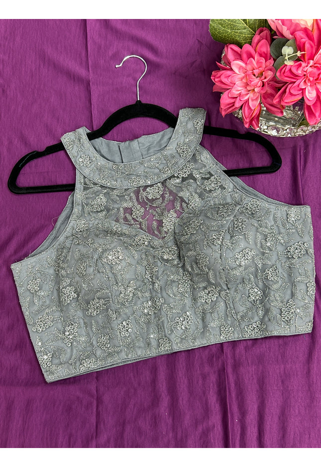 Grey : Halter neck embroidered blouse - Kurti Connection USA