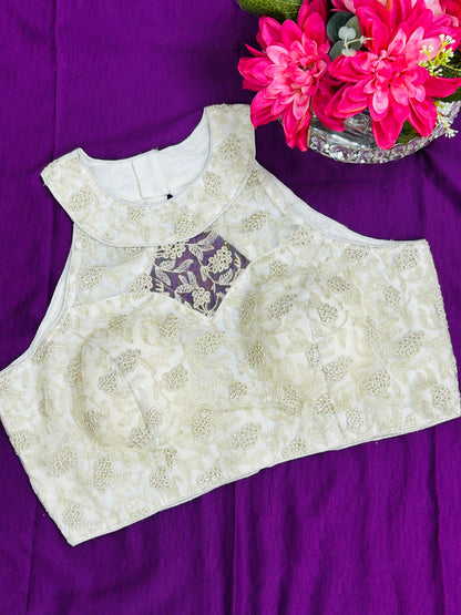 Off white / light gold : Halter neck embroidered blouse