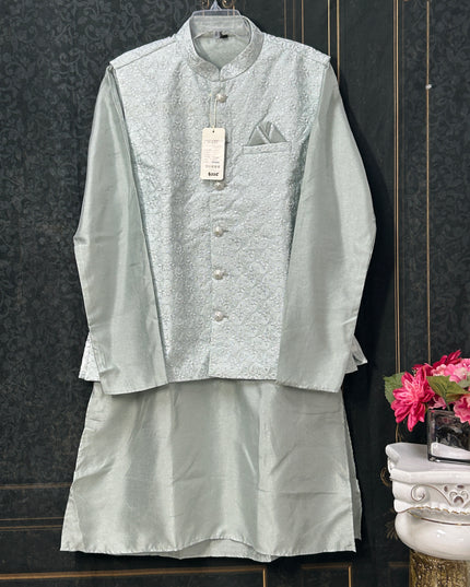 Light grey silk kurta set with jacket - Kurti Connection USA