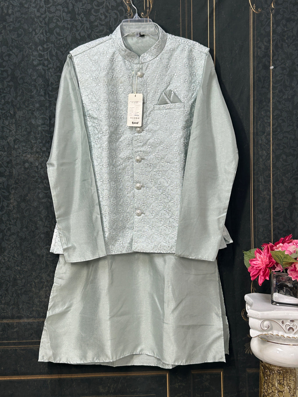 Light grey silk kurta set with jacket - Kurti Connection USA