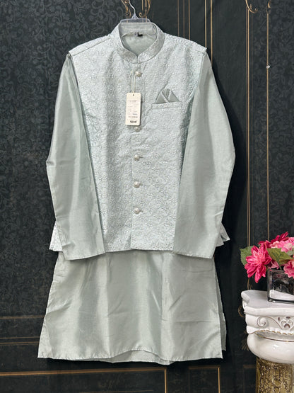 Light grey silk kurta set with jacket