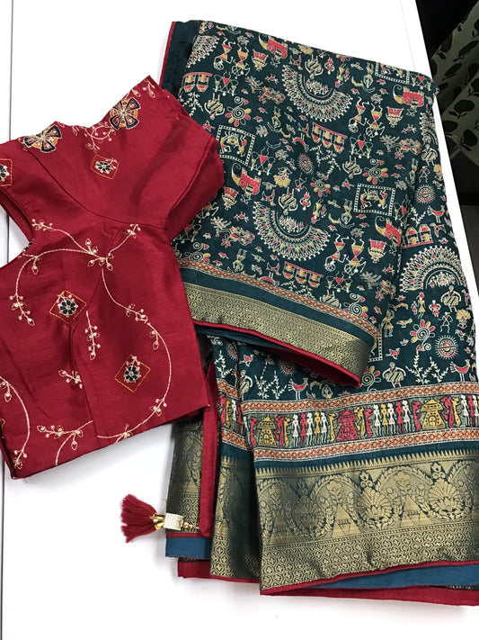 Dark green  varliprint saree