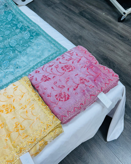 Chiffon silk saree with sequin Chikankari - Kurti Connection USA