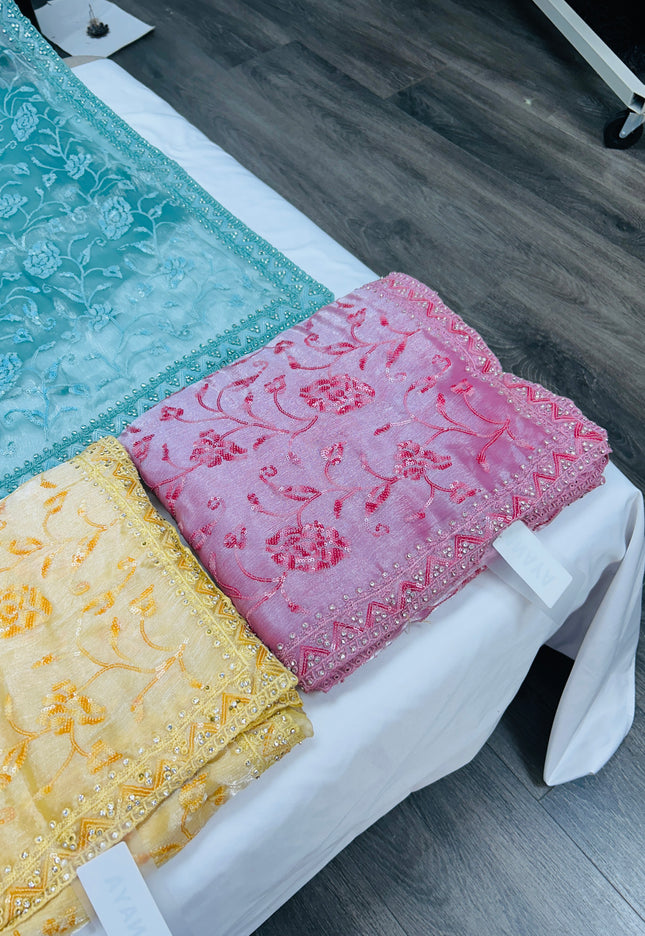 Chiffon silk saree with sequin Chikankari - Kurti Connection USA