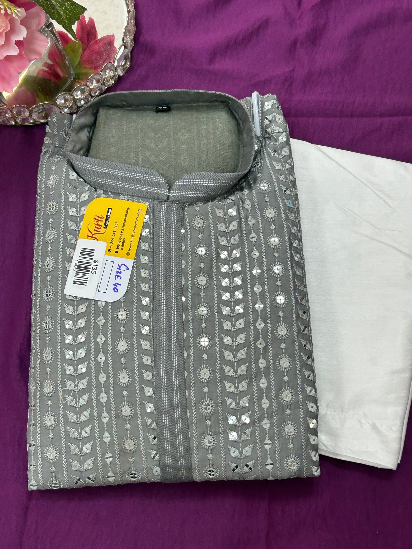 Sequin kurta set : light grey