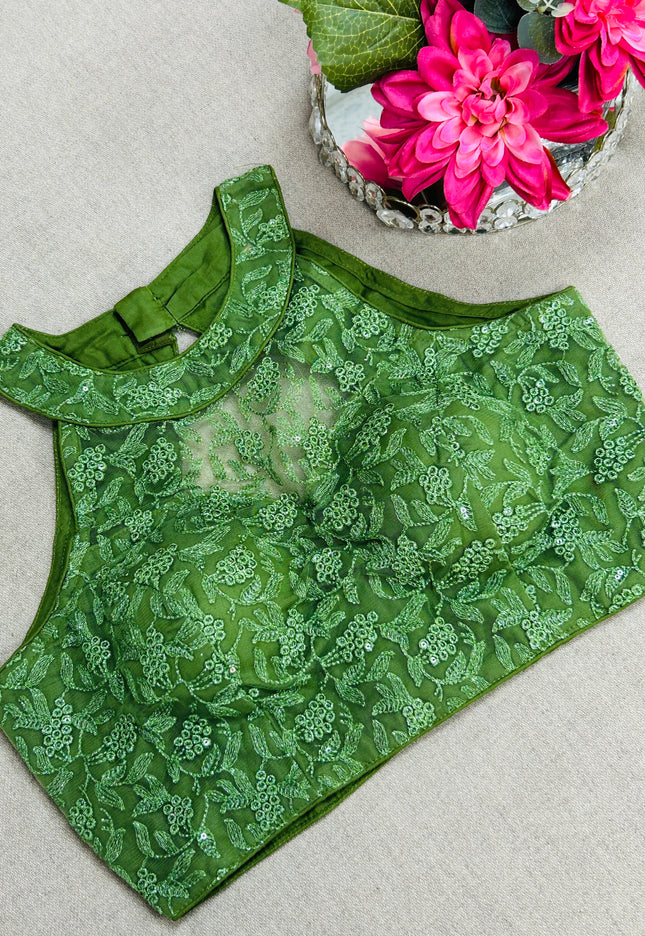 Green : Halter neck embroidered blouse - Kurti Connection USA