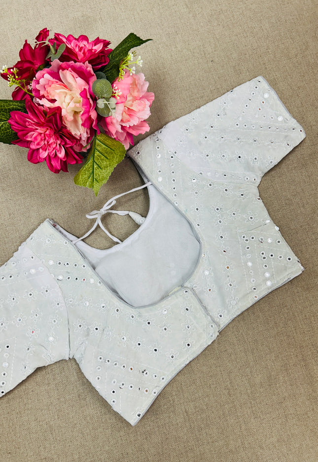 White foil mirror work blouse