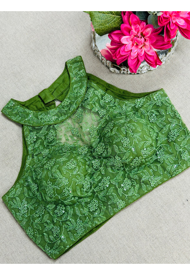 Green : Halter neck embroidered blouse - Kurti Connection USA