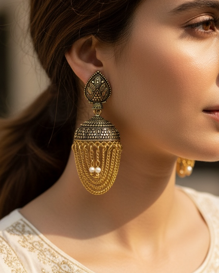 Antique gold finish jhumki earrings