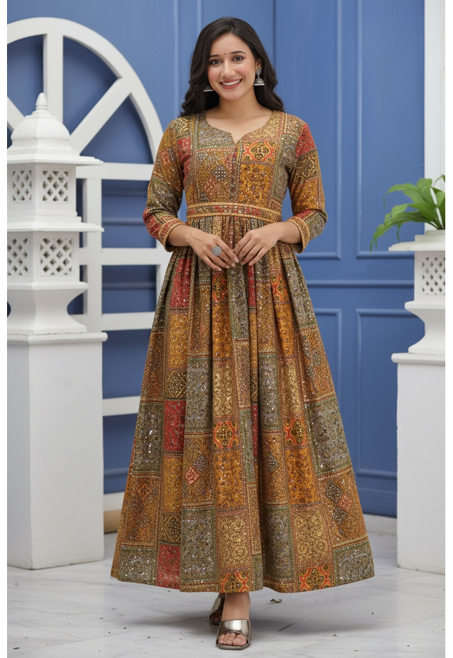 Rayon sequin long kurti with belt