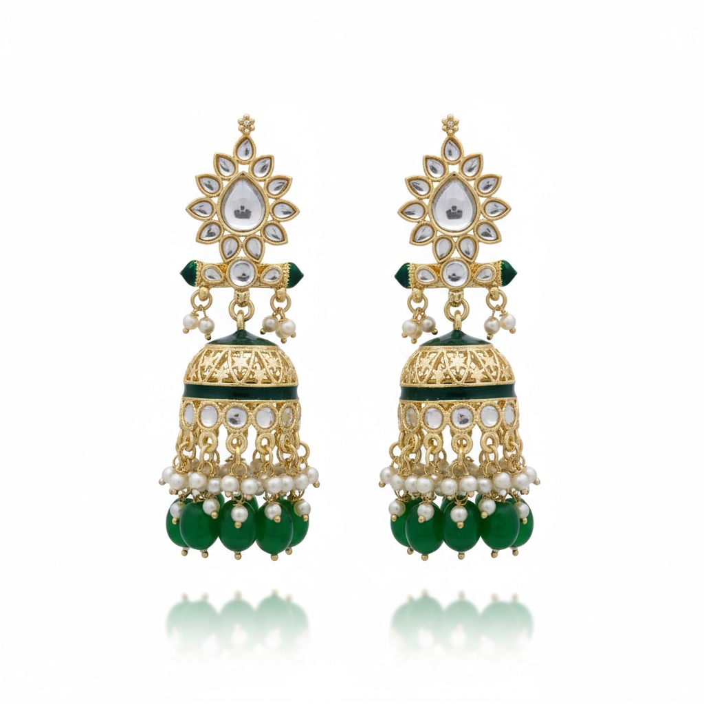 Green jhumki : Kundan Meenakari by Kurti Connection USA